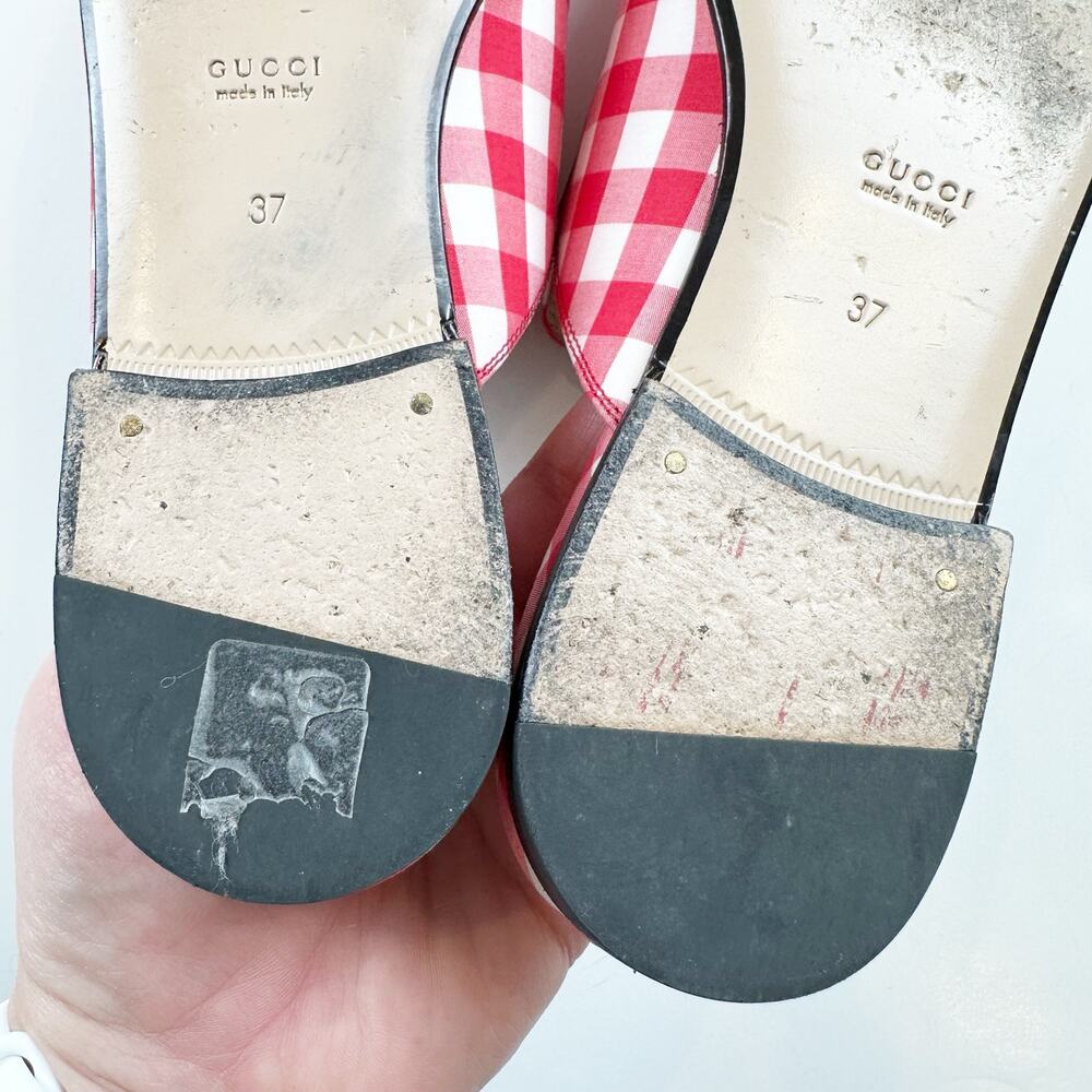 Gucci Princetown Mule Red White Plaid Gold Horsebit Vichy Checkered Size 37 US 7 - Picture 12 of 14